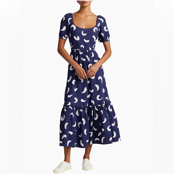 NWT Polo Ralph Lauren Brushstroke-Motif Tiered Blue White Linen Dress Size 18